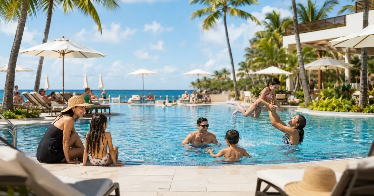 Families at a resort pool with umbrellas and ocean visible in the background