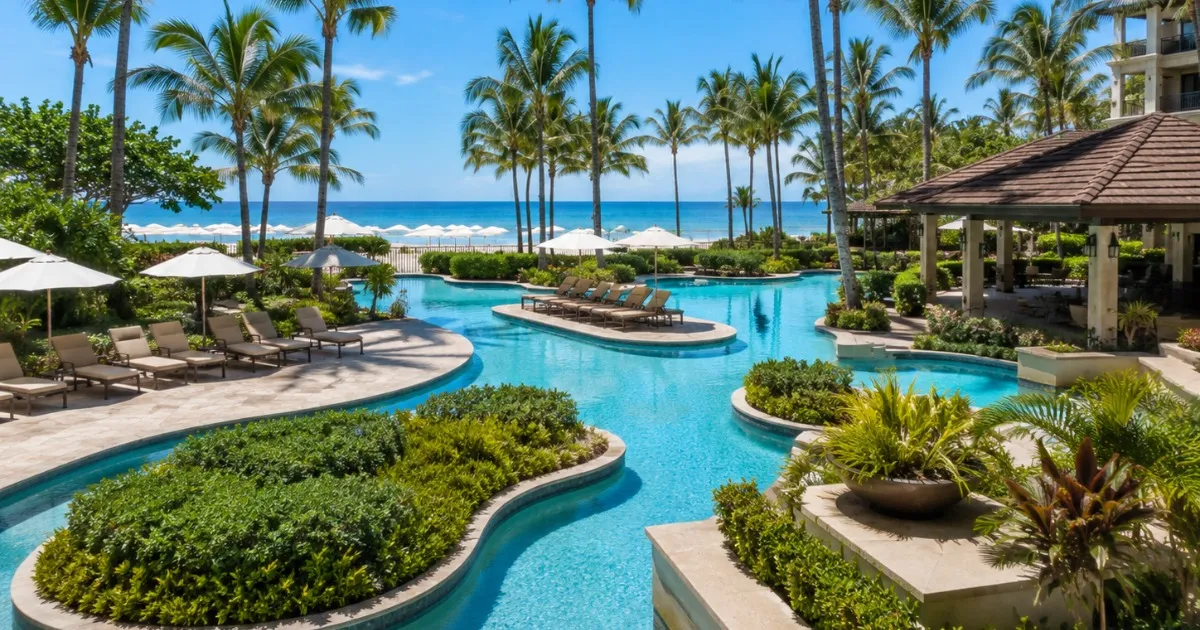 Resort pool area with lazy river, lounge chairs, and beach access beyond the pool fence