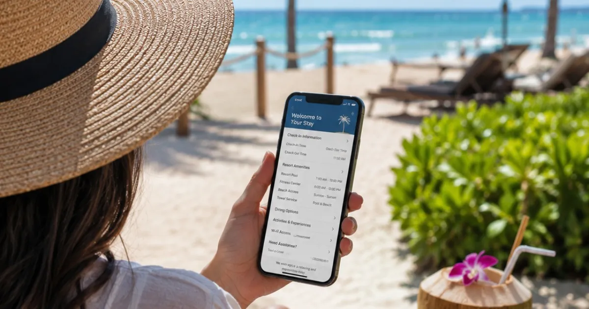 Guest reviewing resort check-in information on a phone by the beach