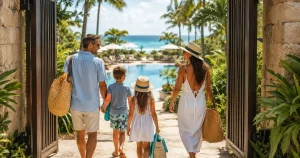 Family walking through the entrance of a gated beachfront resort with palm trees and a pool visible in the background
