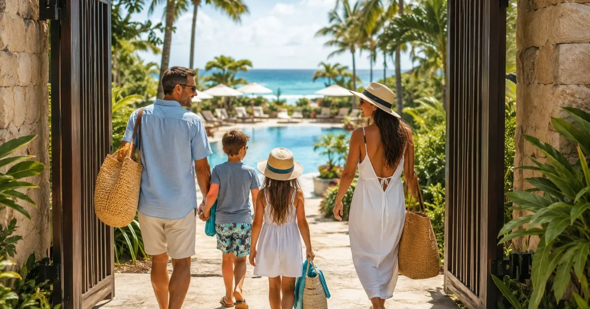 Family walking through the entrance of a gated beachfront resort with palm trees and a pool visible in the background
