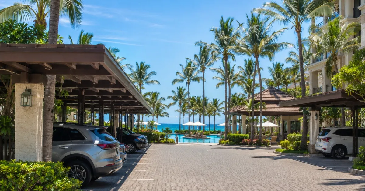 Resort parking deck with covered spaces and pool area visible in the background