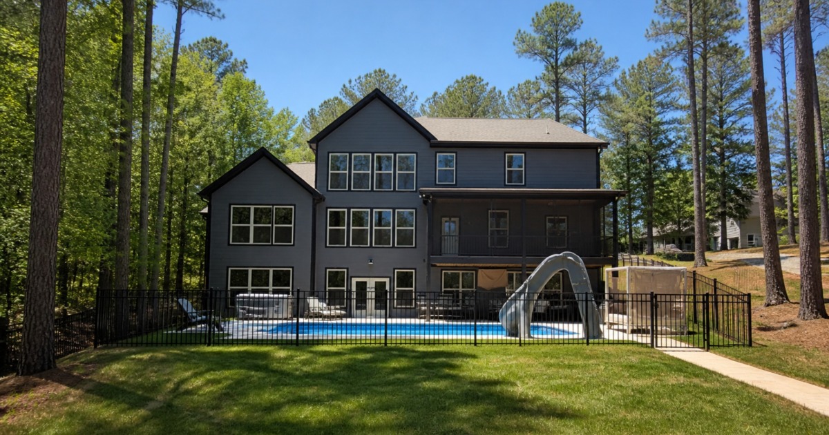 Lakefront vacation home on Lake Norman NC with private dock, pool, and wooded shoreline views
