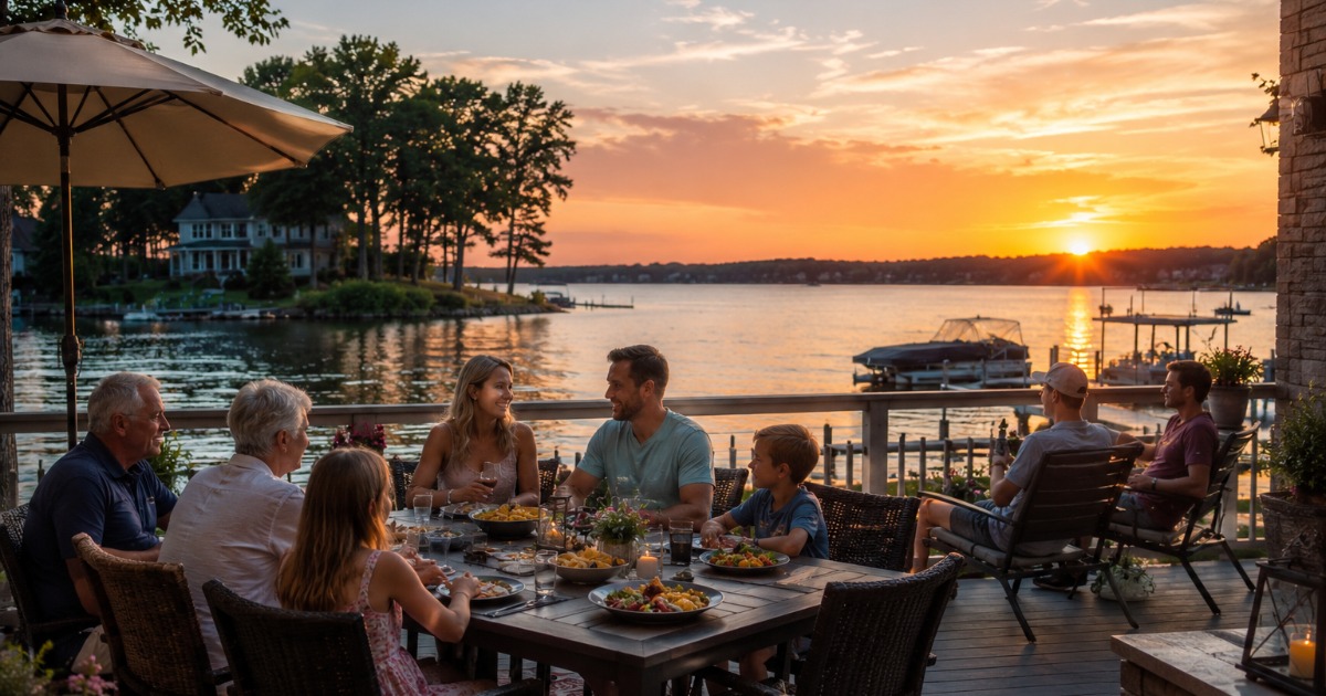 Family gathered on a lakefront deck at sunset during a Lake Norman vacation rental stay