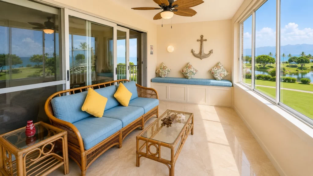 Sunlit tropical living area with blue-cushioned wicker sofa and chairs, yellow pillows, and a water view beyond palm trees.