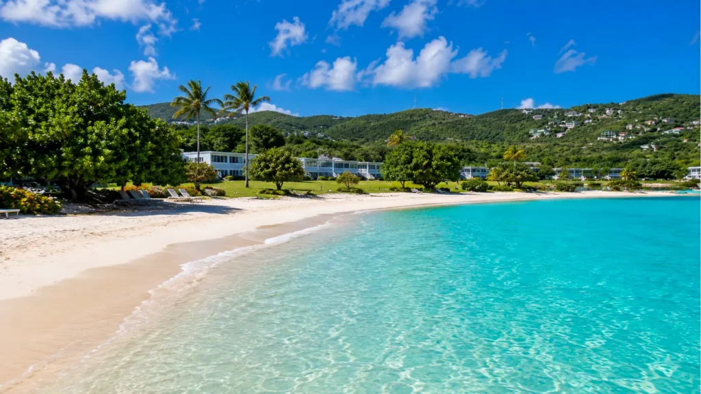 White sand and clear turquoise water along Sapphire Beach, framed by tropical trees and distant island hills.