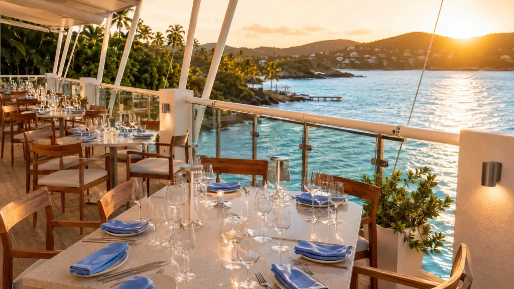 Elegant second-floor outdoor dining terrace with neatly set tables overlooking Sapphire Bay during a warm golden-hour sunset.