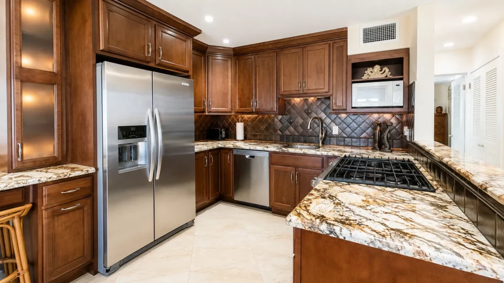 Modern kitchen with dark wood cabinets, stainless steel French-door refrigerator, and marble-like granite counters.