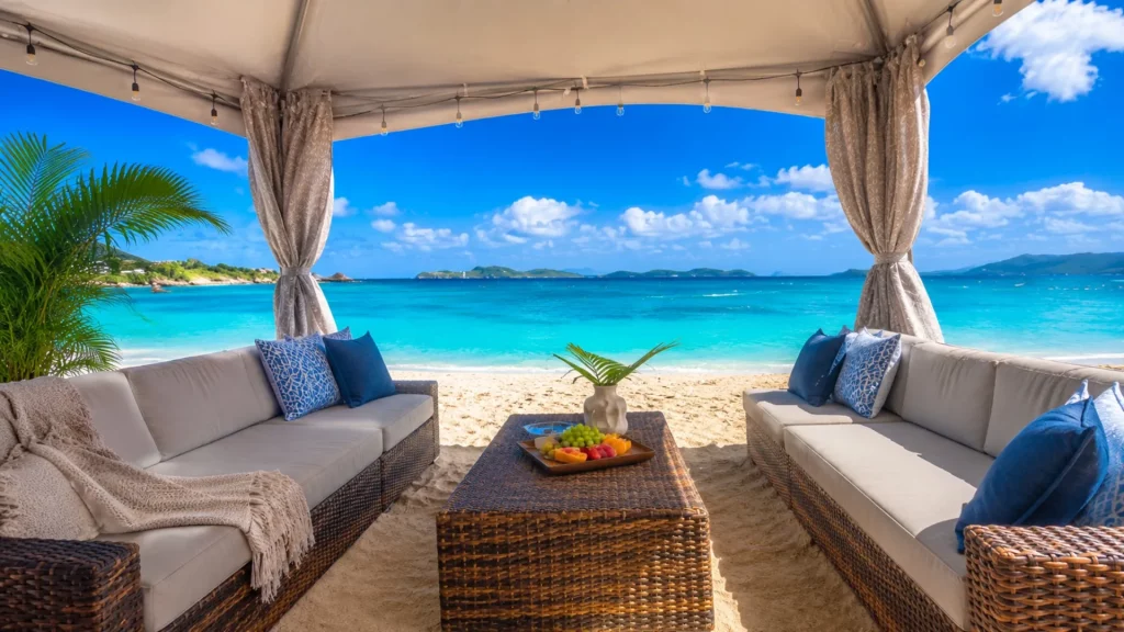Shaded beach cabana furnished with wicker sofas, blue pillows, and a central table overlooking the bright turquoise waters of Sapphire Bay.