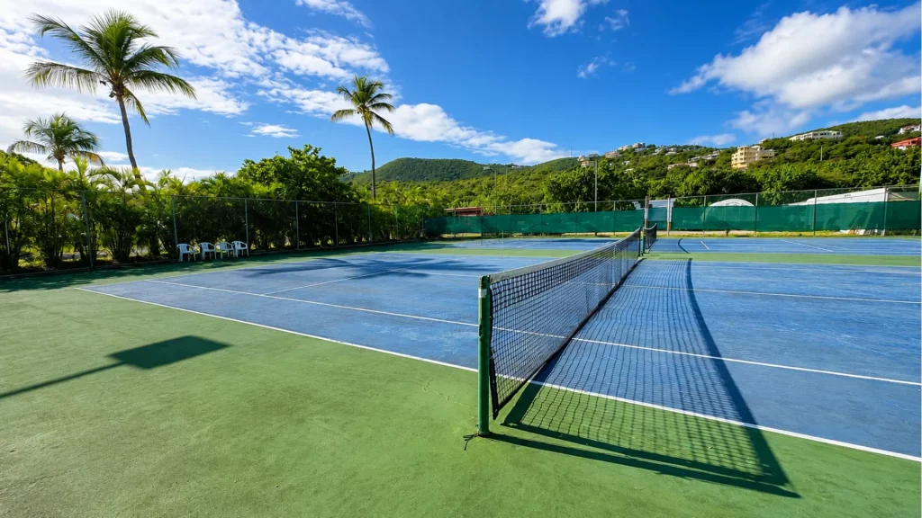 Outdoor tennis court with a blue playing surface and green surroundings, net in the foreground, palm trees and hillside homes in the background under a bright sky.
