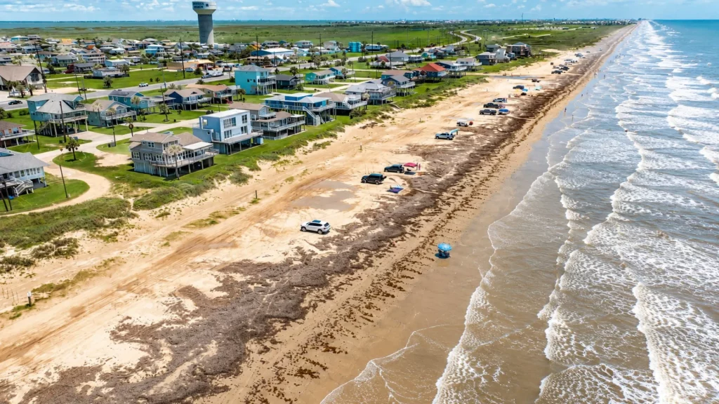 Aerial view of a coastal community with colorful houses along a sandy beach and waves breaking on the shore near the town.