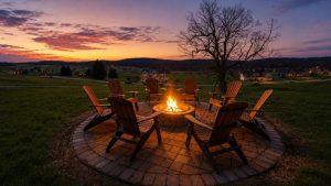 lake-stays-featured | Swack Vacations Eight Adirondack chairs surround a lit fire pit on a circular stone patio at sunset, with a bare tree and distant houses.