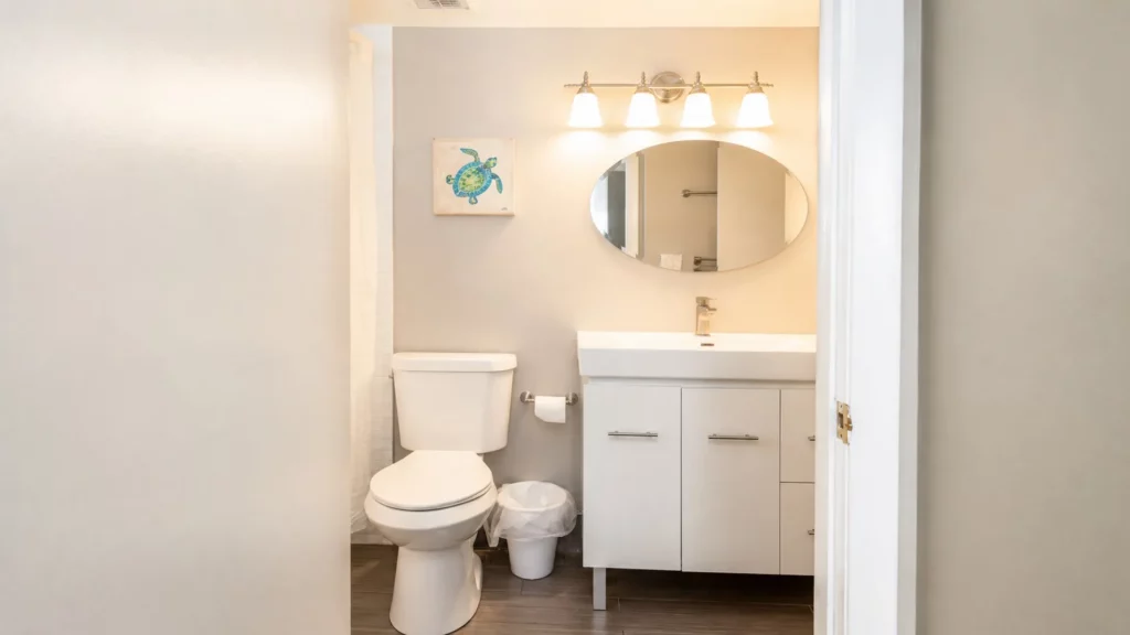 Bright, compact bathroom with a white vanity, oval mirror, toilet, and a turtle artwork on the wall above the toilet light fixture with four bulbs