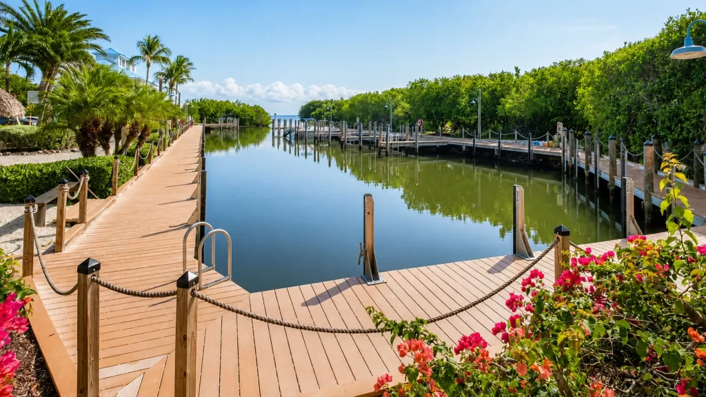 Wooden boardwalk along a calm canal with palm trees and bright blue sky above, tropical plants on both sides