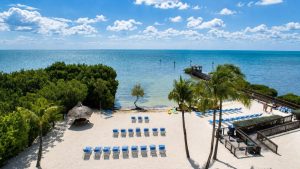 Beach with turquoise water, rows of blue lounge chairs on white sand and palm trees, a thatched hut to the left, and a wooden pier extending into the sea.
