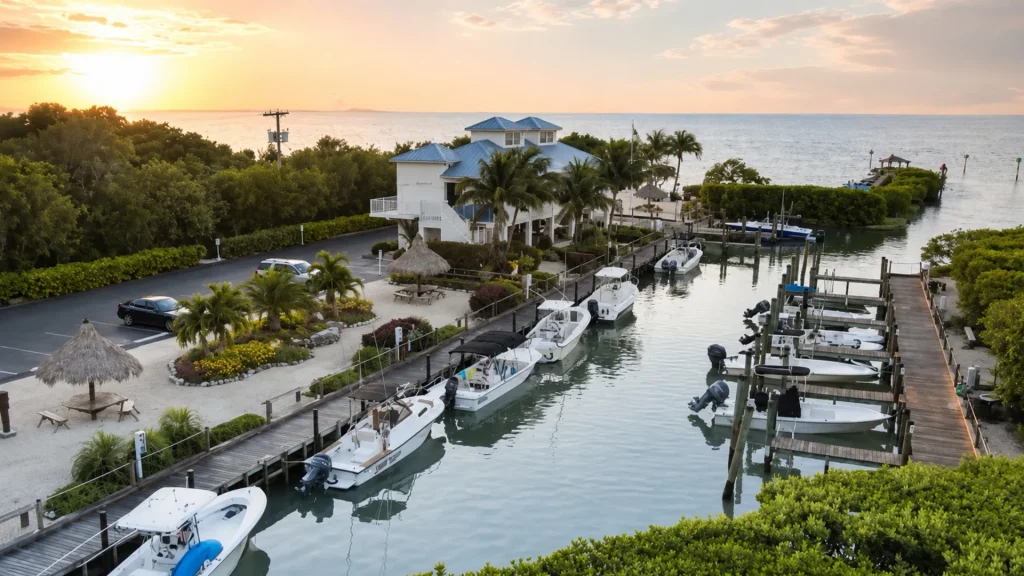 Sunset over a marina with moored boats, a white building with blue roofs, palm trees, and lush landscaping by the water.