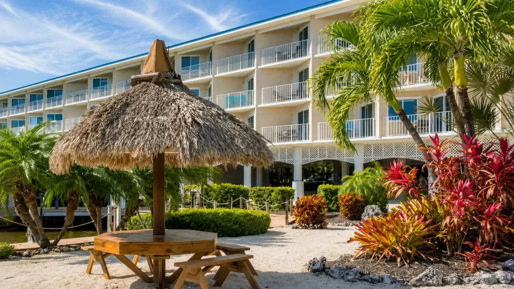 Hotel resort with white balconies, palm trees, and a thatched palapa over a wooden picnic table on a sandy courtyard.