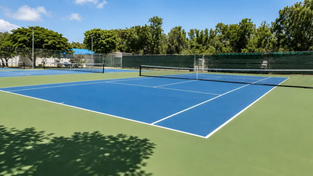 Outdoor tennis courts with blue playing surfaces, white boundary lines, nets, and surrounding green fencing under a clear blue sky.