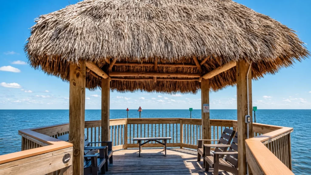 Wooden seaside gazebo with a thatched roof on a deck overlooking the blue ocean and clear sky.
