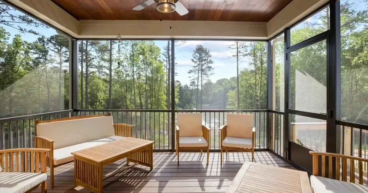 Multi-level vacation home with a screened porch, pool, and outdoor seating areas