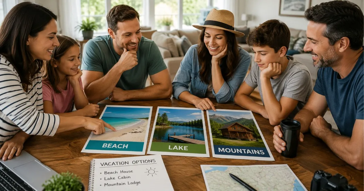 Family of six planning a vacation around a table, pointing at posters labeled Beach, Lake, Mountains with maps and notebook nearby on the table.