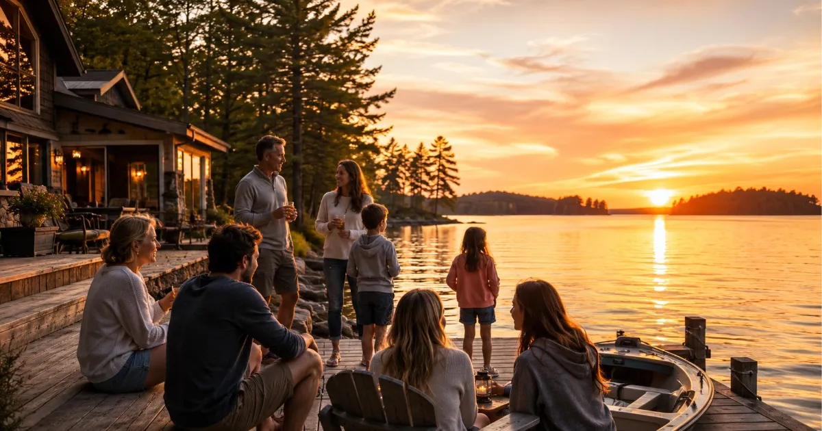 Group of family and friends on a wooden lakeside dock at sunset, talking and holding drinks with a canoe nearby.