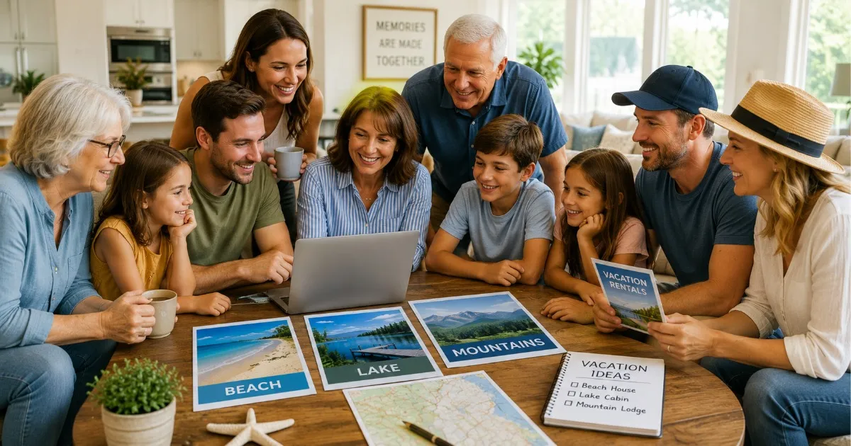 Family of adults and kids gathered around a kitchen table, looking at a laptop and travel brochures labeled Beach, Lake, Mountains for vacation ideas.