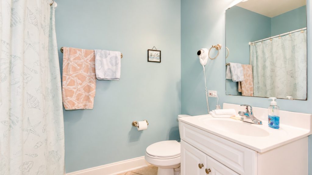 Coastal-themed bathroom with blue walls, white vanity, sink, and a seashell-pattern shower curtain near a mirror.