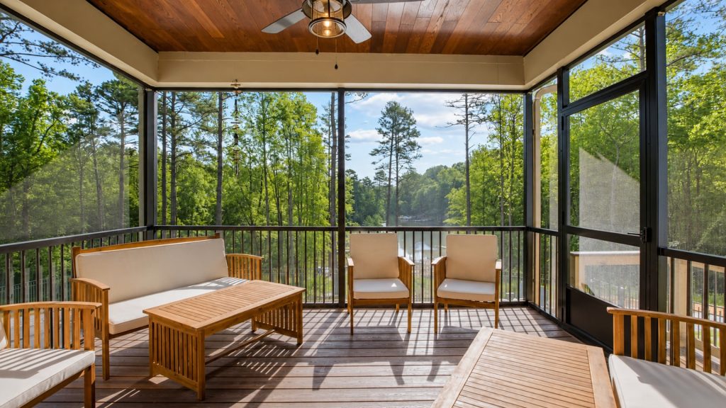 Screened-in porch with wooden furniture and beige cushions overlooking a forested lake, sunlight casting shadows on the deck.