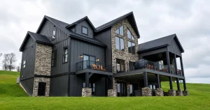 Spacious mountain vacation home great room with stone fireplace near Deep Creek Lake