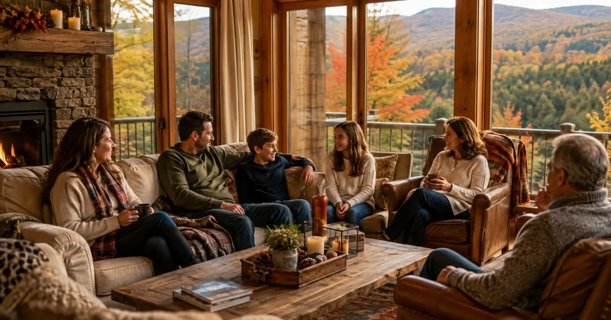 Family relaxing together in a warm mountain vacation home during a fall trip