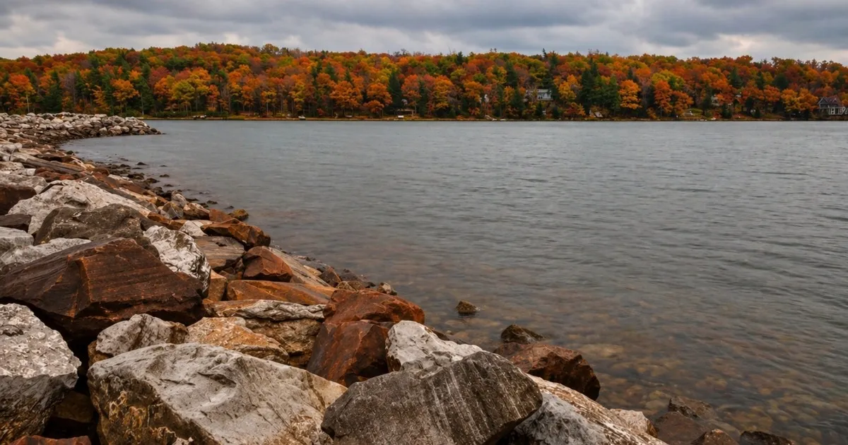 Fall foliage in orange and gold surrounding Deep Creek Lake in the Maryland mountains