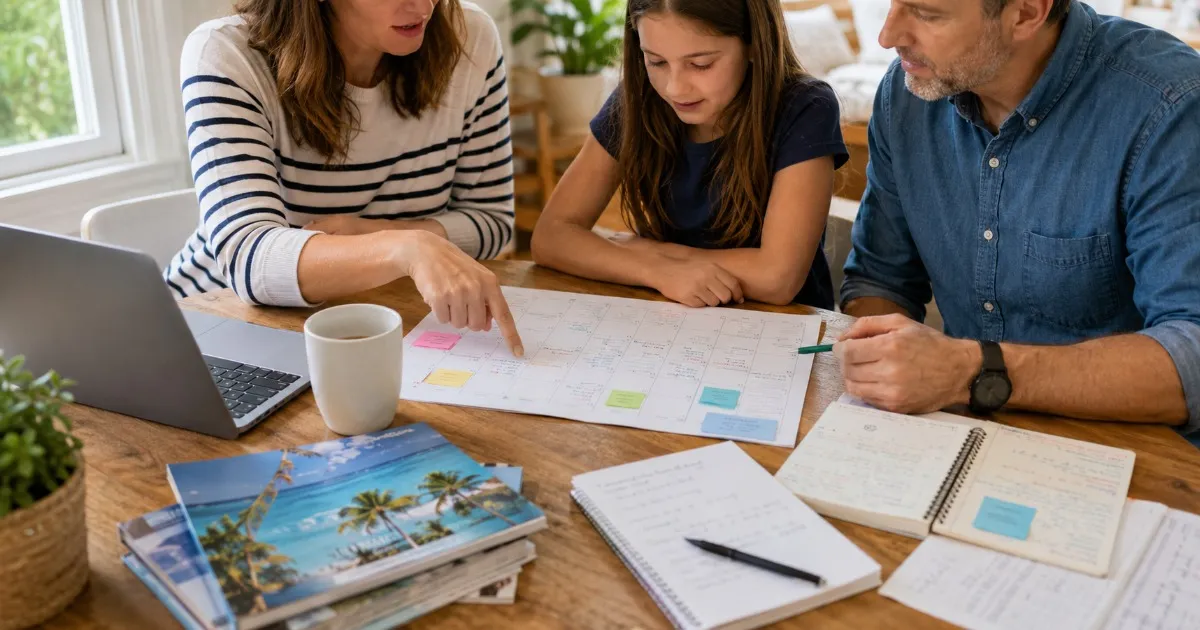 Calendar and planning notes on a table while a family organizes a group trip
