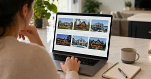 Person comparing large vacation rental options on a laptop at home