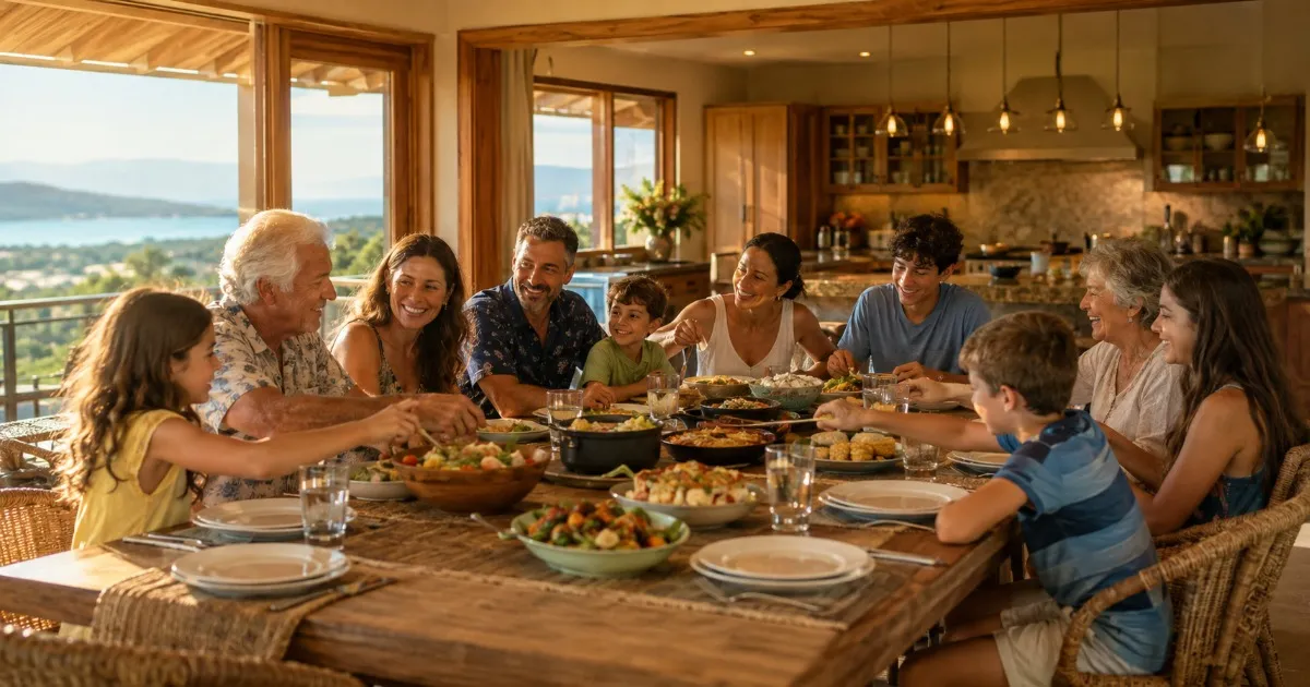 Extended family enjoying a meal together around a large dining table on vacation