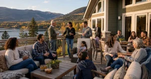 Large group of family and friends gathered together on the deck of a spacious vacation home