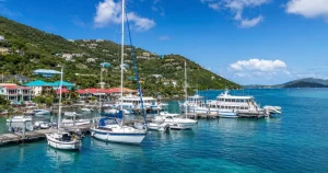 Boats and marina at Red Hook on the East End of St. Thomas under a bright sky