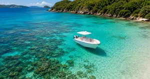 Small charter boat anchored over a coral reef in the U.S. Virgin Islands
