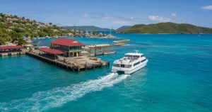 Turquoise Caribbean water and a passenger ferry leaving the Red Hook dock on St. Thomas