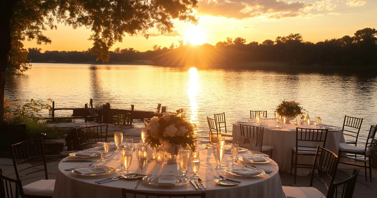 Waterfront restaurant deck overlooking Lake Norman, North Carolina at sunset