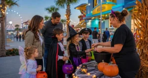 Kids in Halloween costumes trick-or-treating at a Myrtle Beach entertainment complex