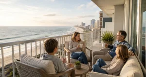 Family relaxing on an oceanfront balcony during a fall Myrtle Beach trip