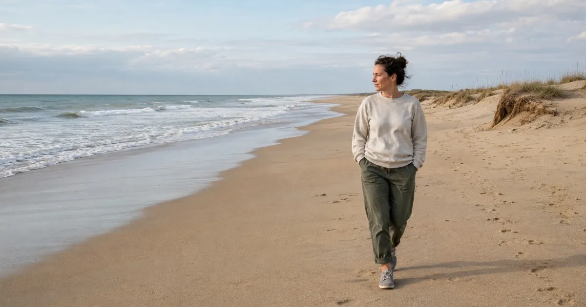 Beachgoer in a light sweatshirt walking the shoreline on a mild fall day