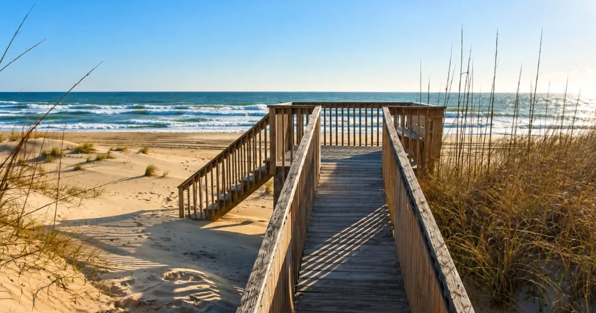 Nearly empty beach access walkway leading over the dunes on the Outer Banks