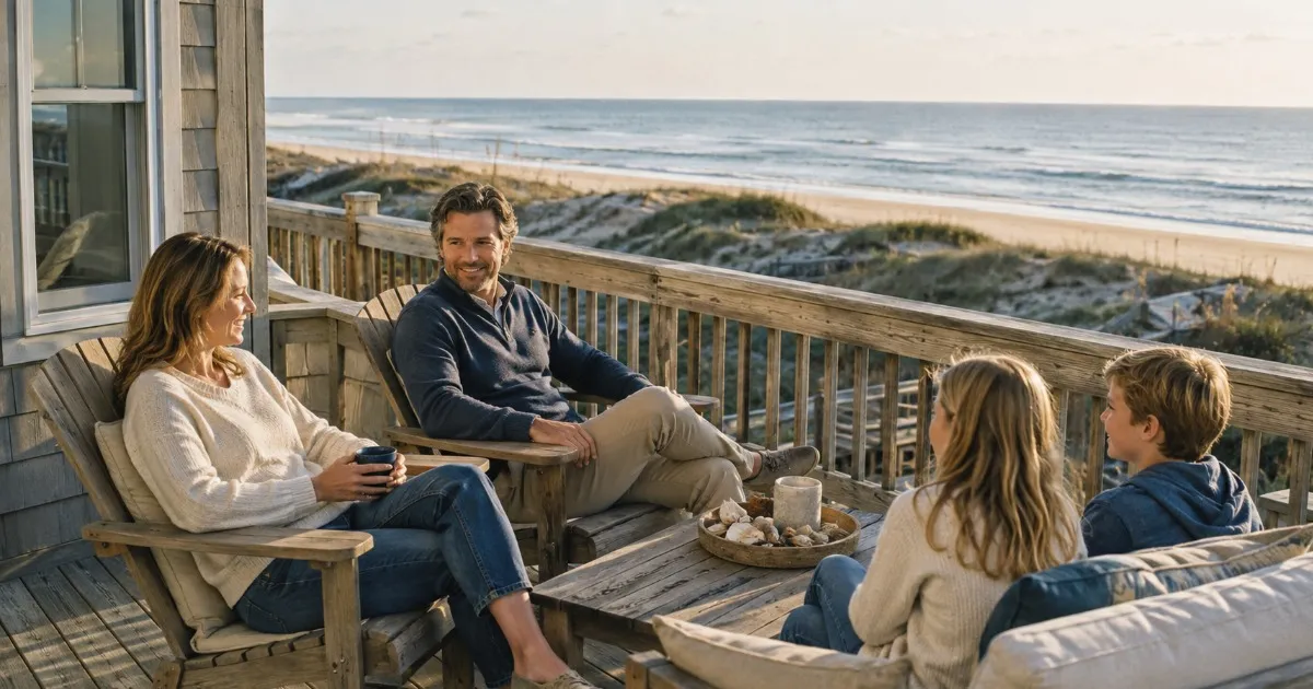 Family relaxing on an oceanfront deck during a fall Outer Banks trip