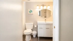 Small modern bathroom with a white toilet, vanity, oval mirror, and four-light fixture above.