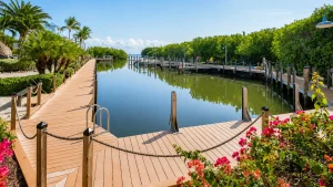 Sunlit wooden boardwalk beside a calm canal, bordered by palm trees and tropical greenery with pink flowers in the foreground under a clear blue sky.