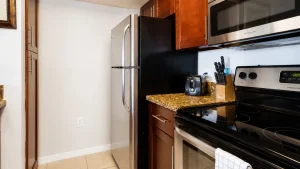 Modern kitchen corner with a stainless steel refrigerator, microwave, and granite countertop. A knife block and toaster sit on the counter.