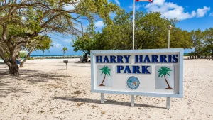 Entrance sign for Harry Harris Park on a sandy beach with palm trees and blue ocean in the background.