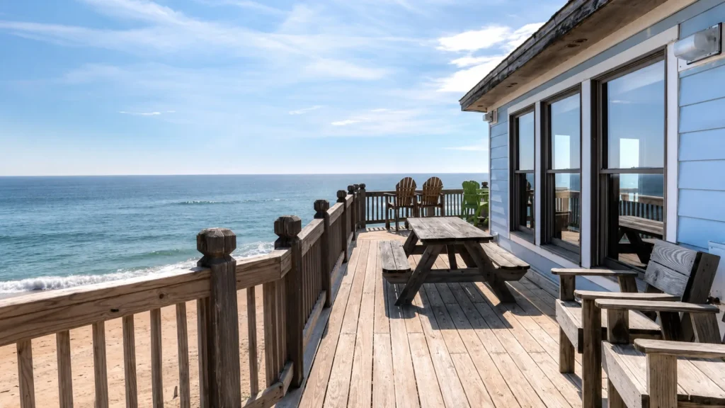 Wide ocean view from a wooden beach deck with an outdoor table and chairs beside a light-blue house.